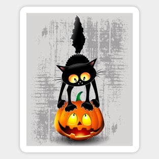 Cat Fun Halloween Character Cartoon scratching a Halloween Pumpkin Magnet